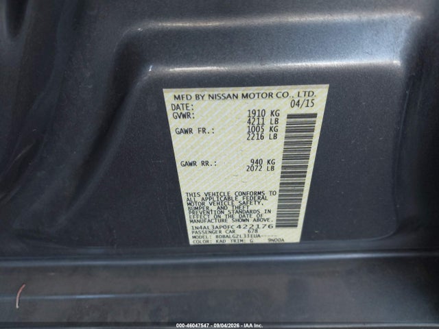 46047547 :رقم المزاد ، 1N4AL3AP0FC422176 vin ، 2015 Nissan Altima 2.5/2.5 S/2.5 Sl/2.5 Sv مزاد بيع