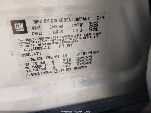 46047553 :رقم المزاد ، KL7CJLSB3MB310175 vin ، 2021 Chevrolet Trax Fwd Lt مزاد بيع