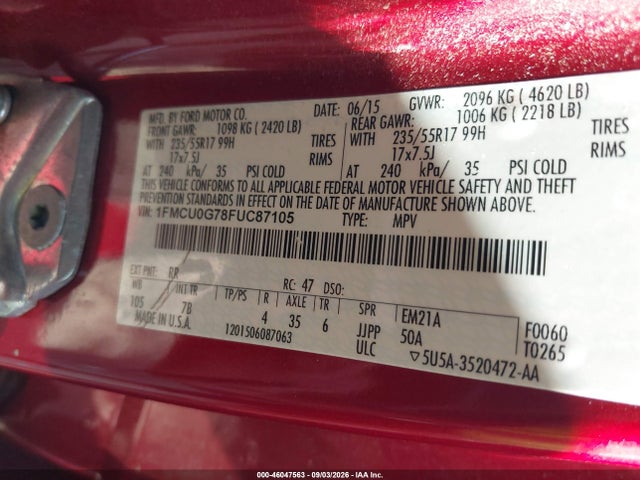 Aukcja sprzedaży 2015 Ford Escape Se, vin: 1FMCU0G78FUC87105, numer aukcji: 46047563