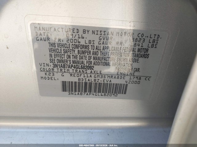 2016 Nissan Sentra S მანქანა იყიდება აუქციონზე, vin: 3N1AB7AP4GL682092, აუქციონის ნომერი: 46047569