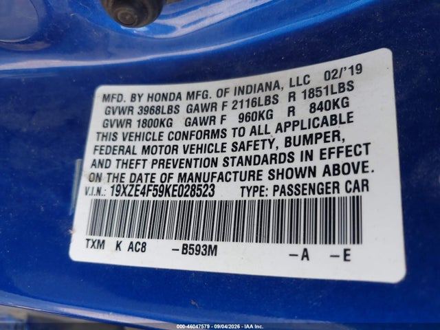 Aukcja sprzedaży 2019 Honda Insight Ex, vin: 19XZE4F59KE028523, numer aukcji: 46047579