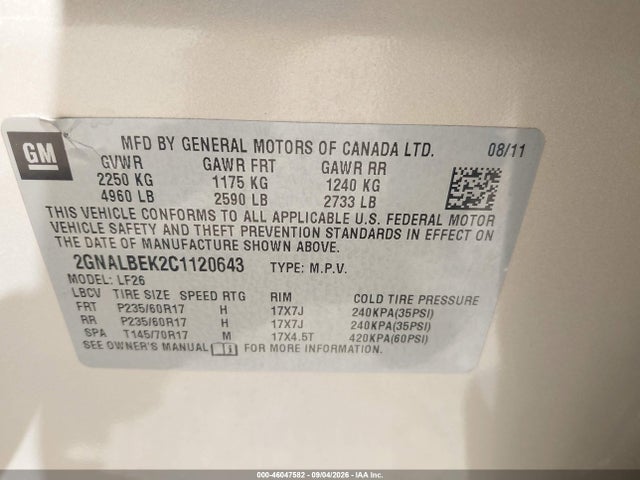 46047582 :رقم المزاد ، 2GNALBEK2C1120643 vin ، 2012 Chevrolet Equinox Ls مزاد بيع