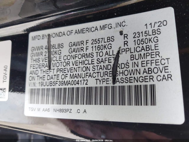 46047608 :رقم المزاد ، 19UUB5F39MA004172 vin ، 2021 Acura Tlx Standard مزاد بيع