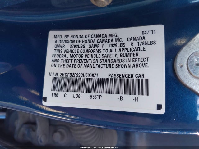 46047611 :رقم المزاد ، 2HGFB2F99CH506871 vin ، 2012 Honda Civic Ex-l مزاد بيع