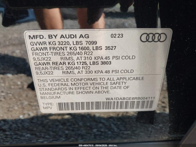 46047615 :رقم المزاد ، WA1DABGE6RB004111 vin ، 2024 Audi Q8 E-tron S Line Prestige Quattro مزاد بيع