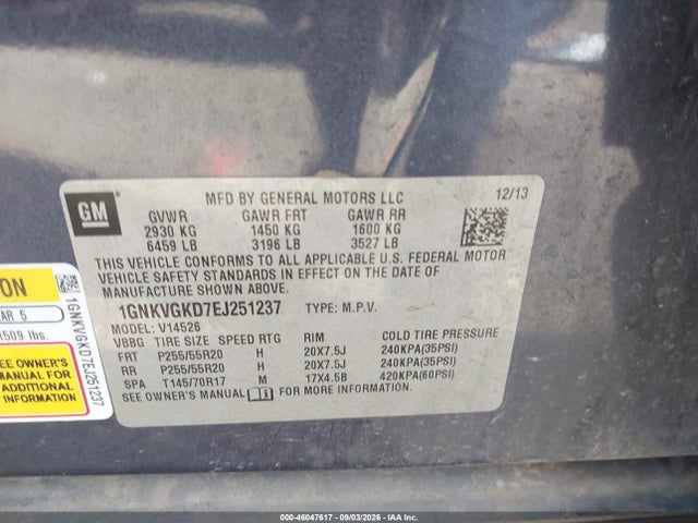 Продажа на аукционе авто 2014 Chevrolet Traverse 1lt, vin: 1GNKVGKD7EJ251237, номер лота: 46047617