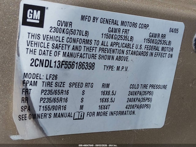2005 Chevrolet Equinox Ls მანქანა იყიდება აუქციონზე, vin: 2CNDL13F556186398, აუქციონის ნომერი: 46047649