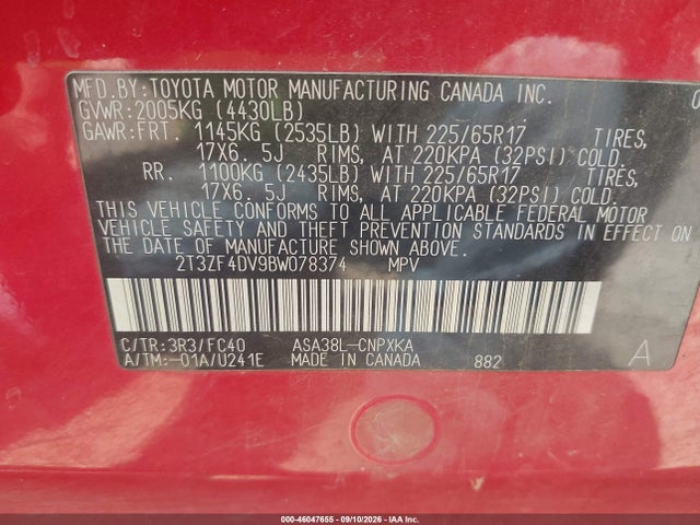 Aukcja sprzedaży 2011 Toyota Rav4, vin: 2T3ZF4DV9BW078374, numer aukcji: 46047655