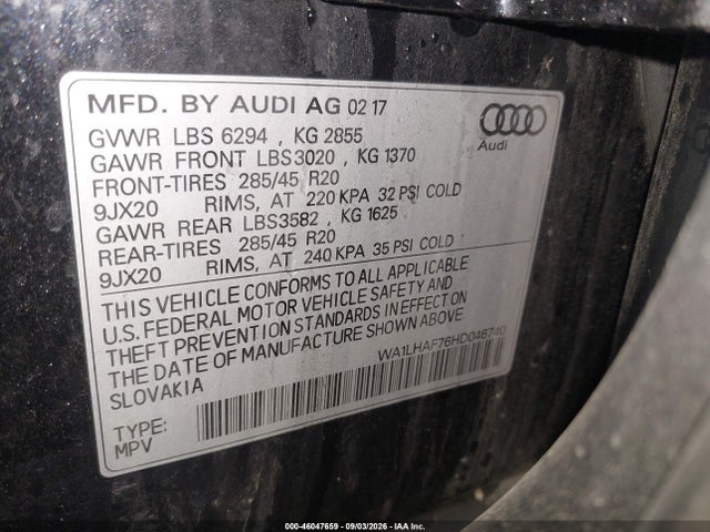 Aukcja sprzedaży 2017 Audi Q7 2.0t Premium, vin: WA1LHAF76HD046740, numer aukcji: 46047659