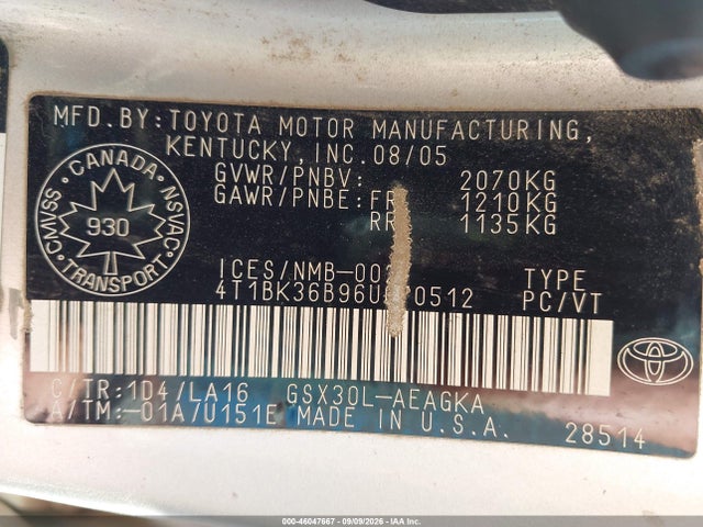 46047667 :رقم المزاد ، 4T1BK36B96U070512 vin ، 2006 Toyota Avalon Touring/xls مزاد بيع