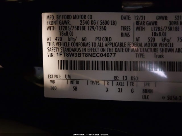 46047677 :رقم المزاد ، 1FT8W3BT8NEC04677 vin ، 2022 Ford F-350 Lariat مزاد بيع