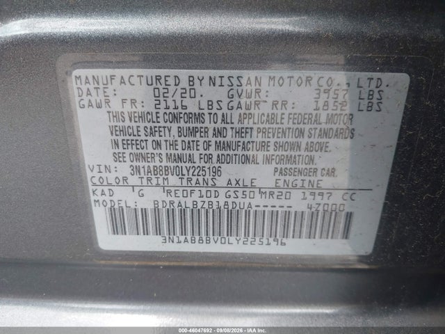 Aukcja sprzedaży 2020 Nissan Sentra S Xtronic Cvt, vin: 3N1AB8BV0LY225196, numer aukcji: 46047692