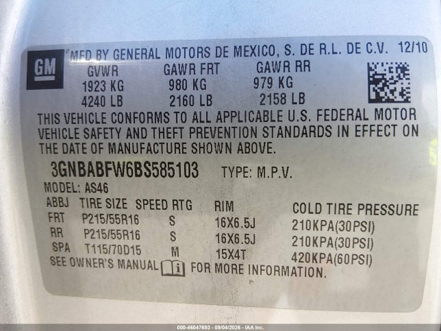 46047693 :رقم المزاد ، 3GNBABFW6BS585103 vin ، 2011 Chevrolet Hhr Lt مزاد بيع