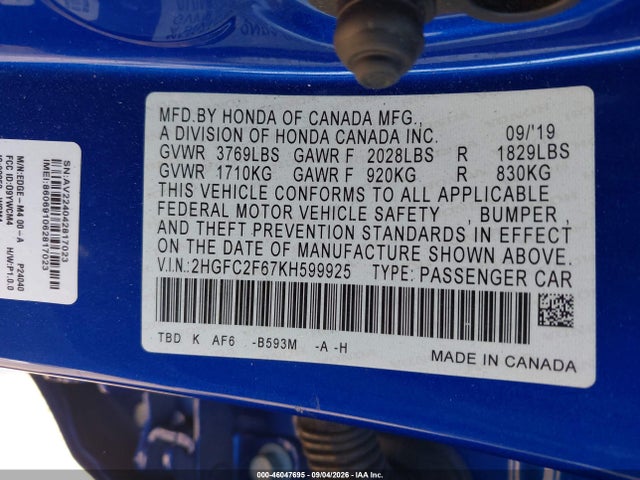 Aukcja sprzedaży 2019 Honda Civic Lx, vin: 2HGFC2F67KH599925, numer aukcji: 46047695