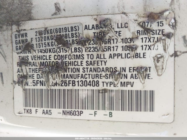 Honda ODYSSEY LX 2015 5FNRL5H26FB130408 Image 9