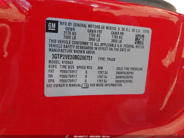 46047717 :رقم المزاد ، 3GTP2VE30BG206751 vin ، 2011 Gmc Sierra 1500 Sle مزاد بيع