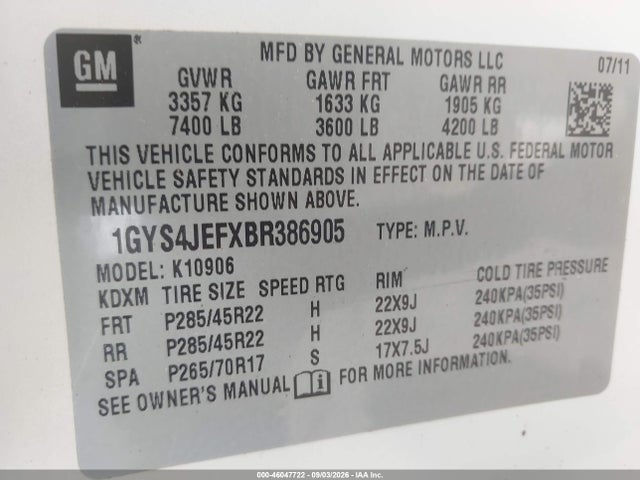 2011 Cadillac Escalade Esv Premium მანქანა იყიდება აუქციონზე, vin: 1GYS4JEFXBR386905, აუქციონის ნომერი: 46047722