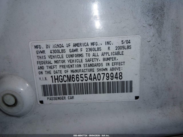 Продажа на аукционе авто 2004 Honda Accord 3.0 Ex, vin: 1HGCM66554A079948, номер лота: 46047724