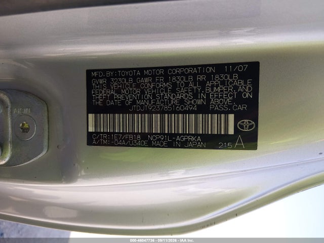Продаж на аукціоні авто 2008 Toyota Yaris S, vin: JTDJT923785160494, номер лоту: 46047736