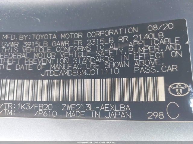 Aukcja sprzedaży 2021 Toyota Corolla Hybrid Le, vin: JTDEAMDE5MJ011110, numer aukcji: 46047744