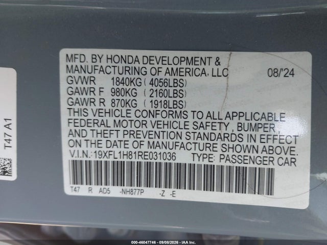 Aukcja sprzedaży 2024 Honda Civic Sport Touring, vin: 19XFL1H81RE031036, numer aukcji: 46047746