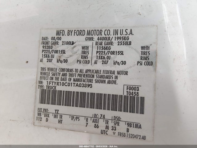 Продаж на аукціоні авто 2001 Ford Ranger Xl/xlt, vin: 1FTYR10C01TA03893, номер лоту: 46047752