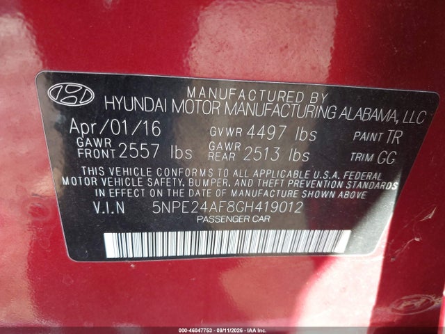 Продаж на аукціоні авто 2016 Hyundai Sonata, vin: 5NPE24AF8GH419012, номер лоту: 46047753