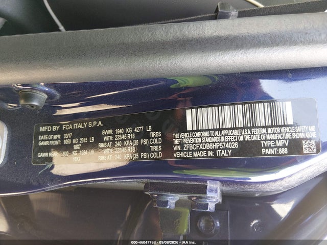 2017 Fiat 500x Lounge Fwd მანქანა იყიდება აუქციონზე, vin: ZFBCFXDB6HP574026, აუქციონის ნომერი: 46047768