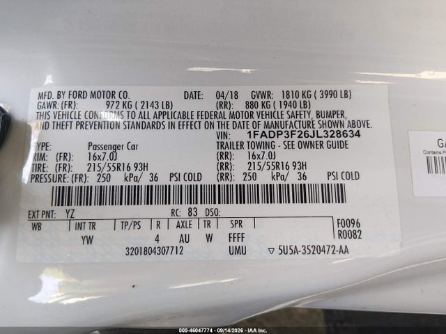 46047774 :رقم المزاد ، 1FADP3F26JL328634 vin ، 2018 Ford Focus Se مزاد بيع