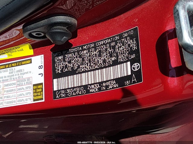 46047776 :رقم المزاد ، JTDKN3DU0A0161619 vin ، 2010 Toyota Prius مزاد بيع