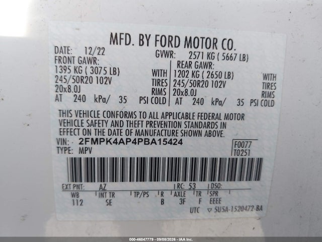 46047779 :رقم المزاد ، 2FMPK4AP4PBA15424 vin ، 2023 Ford Edge St مزاد بيع