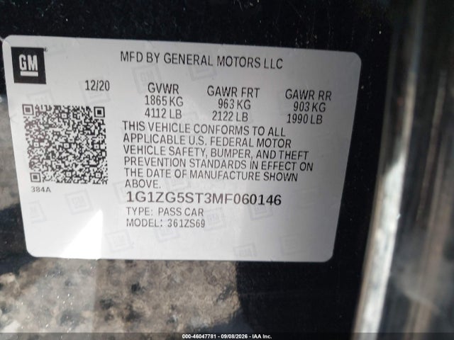 Aukcja sprzedaży 2021 Chevrolet Malibu Fwd Rs, vin: 1G1ZG5ST3MF060146, numer aukcji: 46047781