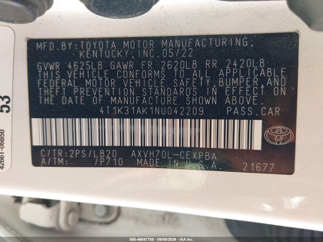 Продажа на аукционе авто 2022 Toyota Camry Xse Hybrid, vin: 4T1K31AK1NU042209, номер лота: 46047785