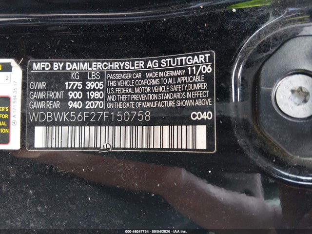 Aukcja sprzedaży 2007 Mercedes-benz Slk 350, vin: WDBWK56F27F150758, numer aukcji: 46047794