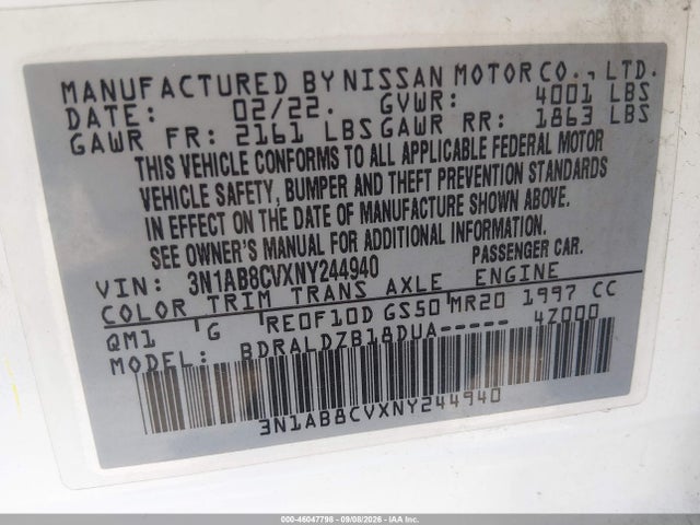 2022 Nissan Sentra Sv Xtronic Cvt მანქანა იყიდება აუქციონზე, vin: 3N1AB8CVXNY244940, აუქციონის ნომერი: 46047798