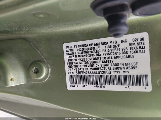 46047808 :رقم المزاد ، 5J6YH28366L013603 vin ، 2006 Honda Element Lx مزاد بيع