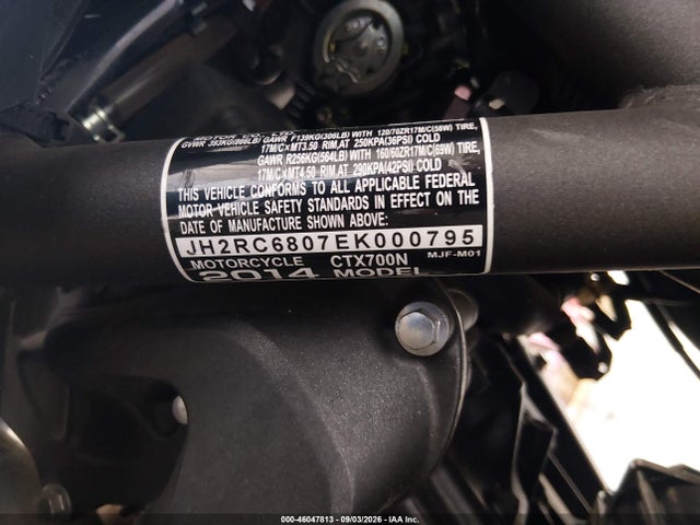 2014 Honda Ctx700 N მანქანა იყიდება აუქციონზე, vin: JH2RC6807EK000795, აუქციონის ნომერი: 46047813