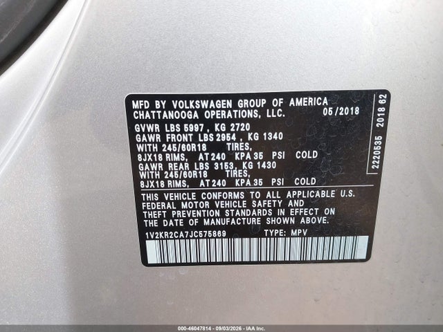 1V2KR2CA7JC575869 Volkswagen Atlas 3.6l V6 Se
