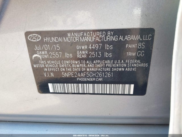 2016 Hyundai Sonata Se მანქანა იყიდება აუქციონზე, vin: 5NPE24AF5GH261261, აუქციონის ნომერი: 46047816