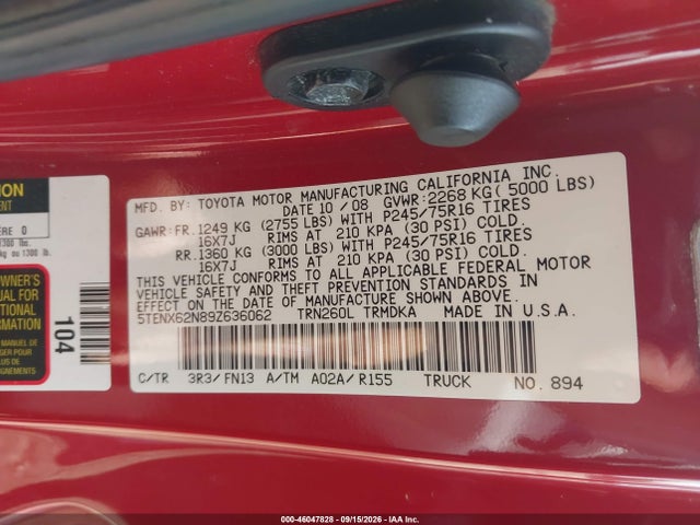 Продажа на аукционе авто 2009 Toyota Tacoma Prerunner, vin: 5TENX62N89Z636062, номер лота: 46047828