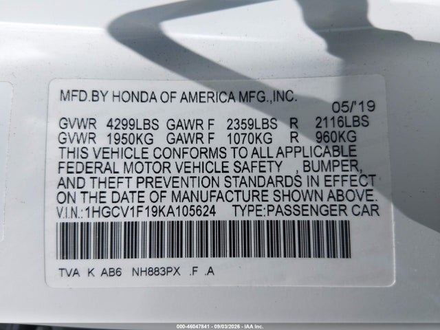 Продаж на аукціоні авто 2019 Honda Accord Lx, vin: 1HGCV1F19KA105624, номер лоту: 46047841