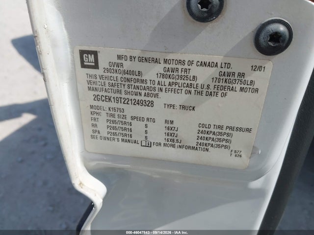 46047843 :رقم المزاد ، 2GCEK19T221249328 vin ، 2002 Chevrolet Silverado 1500 Ls مزاد بيع