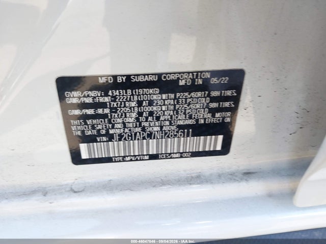 46047846 :رقم المزاد ، JF2GTAPC7NH285611 vin ، 2022 Subaru Crosstrek Premium مزاد بيع