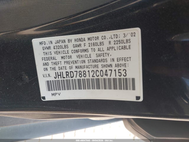 Auction sale of the 2002 Honda Cr-v Ex, vin: JHLRD78812C047153, lot number: 46047848