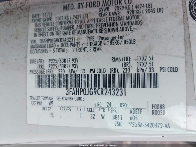 Aukcja sprzedaży 2012 Ford Fusion Sel, vin: 3FAHP0JG9CR243231, numer aukcji: 46047851