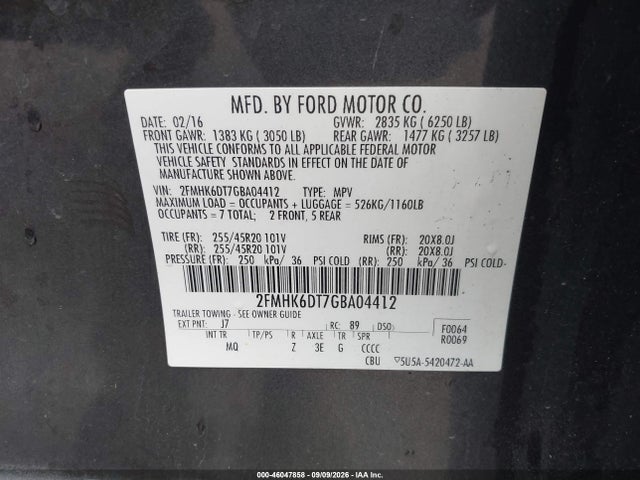 Продаж на аукціоні авто 2016 Ford Flex Limited, vin: 2FMHK6DT7GBA04412, номер лоту: 46047858