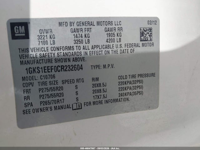 Продажа на аукционе авто 2012 Gmc Yukon Denali, vin: 1GKS1EEF0CR232604, номер лота: 46047867