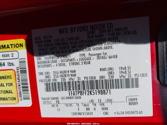 46047874 :رقم المزاد ، 1FATP8FF2K5198871 vin ، 2019 Ford Mustang Gt Premium مزاد بيع