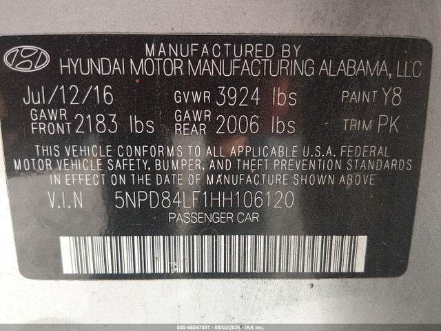 Продажа на аукционе авто 2017 Hyundai Elantra Se, vin: 5NPD84LF1HH106120, номер лота: 46047881