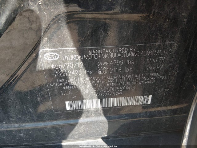 Продажа на аукционе авто 2013 Hyundai Sonata Gls, vin: 5NPEB4AC5DH586963, номер лота: 46047914